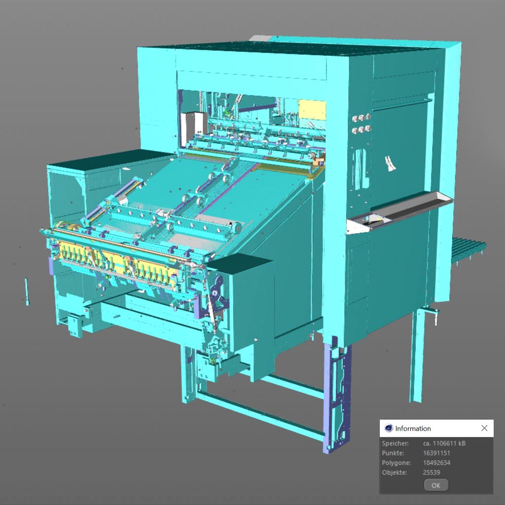 Importierte CAD-Daten einer industriellen Anleger-Maschine mit farbigen Bauteilen