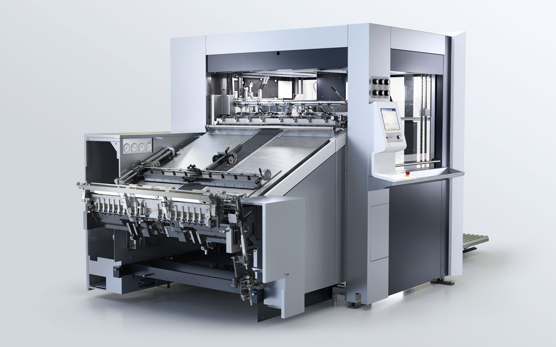 Fertiges 3D-Rendering derselben industriellen Anleger-Maschine mit metallischen Materialien und Studiobeleuchtung